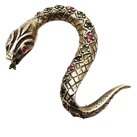 Vintage Ruby Sapphire Emerald Gold Over Sterling Silver Snake Brooch Estate - Picture 3 of 5